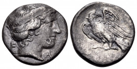 ELIS. Olympia. 103rd Olympiad, 368 BC. Hemidrachm (Silver, 14 mm, 2.58 g, 3 h). F-A Head of Hera to right wearing stephane inscribed HPA. Rev. Eagle w...