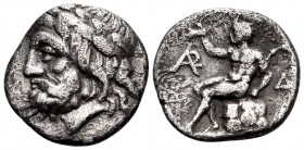 ARKADIA, Arkadian League. Circa 330-275 BC. Triobol (Silver, 15 mm, 2.56 g, 9 h), Megalopolis. Laureate head of Zeus to left; to right . Rev. Pan seat...