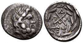 ACHAIA, Achaian League. Pallantion. Early 1st century BC. Hemidrachm (Silver, 21 mm, 2.23 g, 9 h). Laureate head of Zeus to right. Rev. Π-Α-Λ Achaean ...