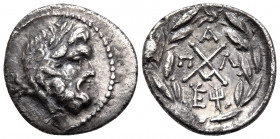 ACHAIA, Achaian League. Pallantion. Early 1st century BC. Hemidrachm (Silver, 15 mm, 2.22 g, 3 h). Laureate head of Zeus to right. Rev. Π-Α-Λ Achaean ...
