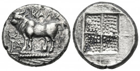 BITHYNIA. Kalchedon. Circa 367/6-340 BC. Drachm (Silver, 14 mm, 3.75 g), Rhodian standard. KAΛX Bull standing left on grain ear; to left, kerykeion an...