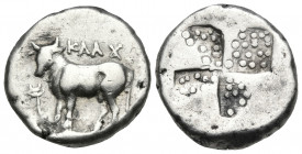 BITHYNIA. Kalchedon. Circa 367/6-340 BC. Drachm (Silver, 15 mm, 3.76 g), Rhodian standard. KAΛX Bull standing left on grain ear; to left, kerykeion. R...
