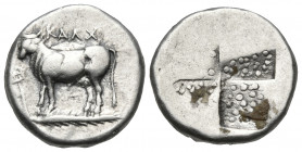 BITHYNIA. Kalchedon. Circa 367/6-340 BC. Drachm (Silver, 14 mm, 3.79 g), Rhodian standard. KAΛX Bull standing left on grain ear; to left, kerykeion. R...