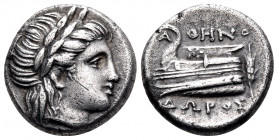 BITHYNIA. Kios. Circa 350-300 BC. Hemidrachm (Silver, 12 mm, 2.48 g), Athenodoros. ΚΙΑ Laureate head of Apollo to right. Rev. ΑΘΗΝΟ/ΔΩΡΟΣ Prow of gall...
