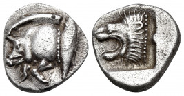 MYSIA. Kyzikos. Circa 450-400 BC. Diobol (Silver, 10.5 mm, 1.19 g, 10 h). Forepart of a boar running to left; to right, tunny fish swimming upwards. R...
