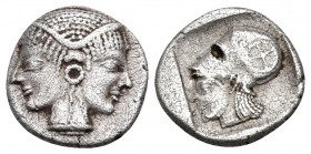 MYSIA. Lampsakos. Circa 500-450 BC. Diobol (Silver, 10 mm, 0.91 g, 3 h), c. 500-470. Janiform female heads. Rev. Head of Athena left, wearing Corinthi...