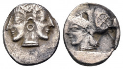 MYSIA. Lampsakos. Circa 500-450 BC. Trihemiobol (Silver, 10 mm, 0.91 g, 6 h). Janiform female head. Rev. Head of Athena to left, wearing Corinthian he...
