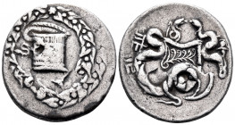 MYSIA. Pergamon. Circa 139-136 BC. Cistophoric Tetradrachm (Silver, 28 mm, 12.26 g, 12 h). Basket (cista mystica) from which snake coils; around, ivy ...