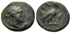 TROAS. Abydos. Circa 320-200 BC. (Bronze, 13.5 mm, 2.14 g, 1 h). Laureate head of Apollo to right. Rev. ABY Eagle standing right on thunderbolt. SNG C...