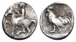 TROAS. Dardanos (?). 4th century BC. Obol (Silver, 9 mm, 0.57 g, 12 h). Horseman riding to left, patting horse's head with right hand and holding rein...
