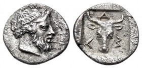 TROAS. Lamponeia. 4th century BC. Obol (Silver, 8 mm, 0.57 g, 12 h). Head of Dionysos to right. Rev. Λ-Α-Μ Head of bull facing within incuse square. S...