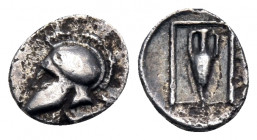 TROAS. Larissa or Neandria(?). 4th century BC. Hemiobol (Silver, 7 mm, 0.21 g, 12 h). Crested Cointhian helmet left. Rev. Amphora within rectangular l...