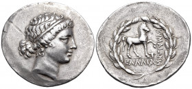 AEOLIS. Kyme. Circa 165-140 BC. Tetradrachm (Silver, 34 mm, 15.83 g, 12 h), struck under the magistrate Kallias. Head of the Amazon Kyme to right, wea...