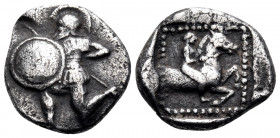 LESBOS. Methymna. Circa 500/480-460 BC. Tetrobol (Silver, 14 mm, 2.40 g, 10 h). Hoplite running left, wearing a crested Corinthian helmet, holding a r...