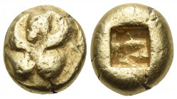 IONIA. Uncertain. Circa 550 BC. Trite (Electrum, 12 mm, 4.41 g), on the Milesian weight standard. Two rampant lions, heraldically arranged on left and...