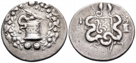 IONIA. Ephesos. Circa 180-67 BC. Cistophoric Tetradrachm (Silver, 28 mm, 12.66 g, 12 h), c. 150-140. Basket (cista mystica) from which snake coils; ar...