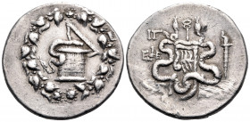 IONIA. Ephesos. C. Atinius C.f., praetor, 122-121 BC. Cistophoric Tetradrachm (Silver, 28 mm, 12.61 g, 12 h), year ΙΓ = 13 = 122-121 BC. Basket (cista...