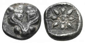 IONIA. Miletos. late 6th century BC. Obol (Silver, 8 mm, 0.78 g). Panther's or lion's head facing. Rev. Stellate floral pattern within incuse square. ...