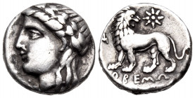 IONIA. Miletos. Circa 350-300 BC. Drachm (Silver, 14 mm, 3.32 g, 12 h), struck under the magistrate [...]obemos. Laureate head of Apollo to left. Rev....