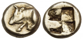 IONIA. Phokaia. Circa 478-387 BC. Hekte (Electrum, 10.5 mm, 2.53 g). Forepart of bull to left; above, small seal to right. Rev. Quadripartite incuse s...