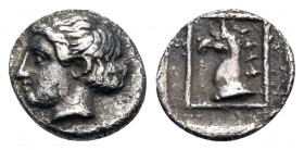 IONIA. Phokaia. Circa 360-340 BC. Hemiobol (Silver, 6 mm, 0.38 g, 12 h). Female head to left, her hair rolled up at the back. Rev. Head of a griffin t...