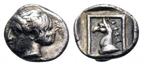 IONIA. Phokaia. Circa 360-340 BC. Hemiobol (Silver, 7 mm, 0.32 g, 6 h). Female head to left, her hair rolled up at the back. Rev. Head of a griffin to...