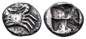 ISLANDS OFF CARIA, Kos. Circa 500-480 BC. Obol (Silver, 9 mm, 0.64 g). Crab. Rev. Quadripartite incuse square. HGC 6, 1297. SNG Kayhan 903. Toned. Min...