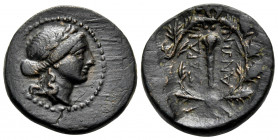 LYDIA. Sardes. Circa 133 BC-AD 14. (Bronze, 16.5 mm, 3.37 g, 12 h). Laureate head of Apollo to right. Rev. ΣAPΔI-ANΩN Club; all within oak wreath; abo...