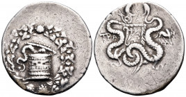 LYDIA. Tralleis. Circa 166-67 BC. Cistophoric Tetradrachm (Silver, 30 mm, 12.44 g, 12 h), c. 166-160. Cista mystica with half-open lid from which a se...