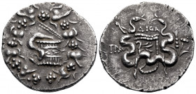 LYDIA. Tralleis. Circa 140-135 BC. Cistophoric Tetradrachm (Silver, 26 mm, 12.44 g, 1 h), struck under the magistrate Dion... Basket (cista mystica) f...