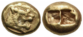 KINGS OF LYDIA. Alyattes II to Kroisos, circa 610-546 BC. Trite (Electrum, 12 mm, 4.74 g), Sardes. Head of lion to right, with open jaws and with a su...