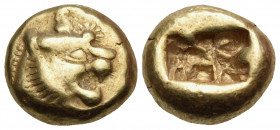 KINGS OF LYDIA. Alyattes II to Kroisos, circa 610-546 BC. Trite (Electrum, 12 mm, 4.72 g), Sardes. Head of lion to right, with open jaws and with a su...