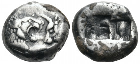 KINGS OF LYDIA. Kroisos, Circa 560-546 BC. Half Stater (Silver, 15 mm, 5.35 g), Sardes, c. 550-546. Confronted foreparts of a lion, on the left and a ...