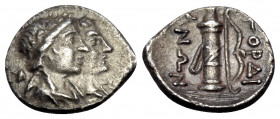 PHRYGIA. Gordium. 2nd-1st century BC. Obol (Silver, 9 mm, 0.64 g, 12 h). Jugate, draped busts of Artemis and Apollo to right, both laureate; over Arte...