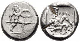 PAMPHYLIA. Aspendos. Circa 465-440. Stater (Silver, 20 mm, 10.94 g, 10 h). Warrior advancing to right, holding shield and spear. Rev. EΣ-ΤϜΔΙ Τriskele...