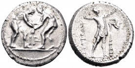 PAMPHYLIA. Aspendos. Circa 325-250 BC. Stater (Silver, 25 mm, 10.71 g, 12 h). Two nude wrestlers, standing and grappling with each other; between them...
