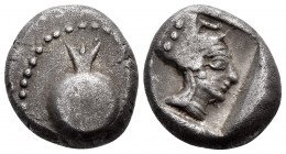 PAMPHYLIA. Side. Circa 460-430 BC. Drachm (Silver, 13 mm, 3.45 g, 9 h). Pomegranate surrounded by dotted border. Rev. Helmeted head of Athena to right...