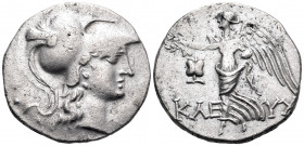 PAMPHYLIA. Side. Circa 145-125 BC. Tetradrachm (Silver, 29 mm, 16.05 g, 12 h), struck under the magistrate Kleuch... Head of Athena to right, wearing ...