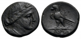 PISIDIA. Ariassos. 1st century BC. (Bronze, 12 mm, 1.63 g, 1 h). Draped bust of Artemis to right, bow and quiver at shoulder. Rev. APH Eagle standing ...