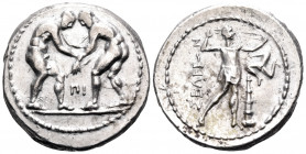 PISIDIA. Selge. Circa 325-250 BC. Stater (Silver, 24 mm, 10.71 g, 12 h). Two nude wrestlers, standing and grappling with each other; 
 between them, ...