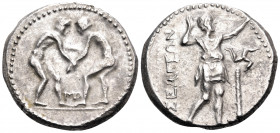 PISIDIA. Selge. Circa 325-250 BC. Stater (Silver, 24 mm, 10.68 g, 11 h). Two nude wrestlers, standing and grappling with each other; MO between them. ...