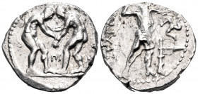 PISIDIA. Selge. Circa 325-250 BC. Stater (Silver, 22 mm, 10.80 g, 12 h). Two wrestlers beginning to grapple with each other; between them, ΠΙ. Rev. ΣE...