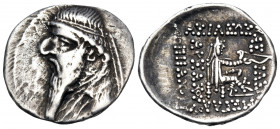 KINGS OF PARTHIA. Mithradates II, 121-91 BC. Drachm (Silver, 21 mm, 4.06 g, 2 h), Rhagai, c. 109-96/5. Diademed bust of Mithradates to left, wearing e...