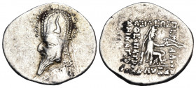 KINGS OF PARTHIA. Sinatrukes, 93/2-70/69 BC. Drachm (Silver, 20 mm, 3.85 g, 12 h), Rhagai. Diademed bust of Sinatrukes to left, wearing high tiara, or...