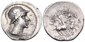 BAKTRIA, Greco-Baktrian Kingdom. Eukratides I, circa 170-145 BC. Drachm (Silver, 19.5 mm, 4.02 g, 12 h). Diademed and draped bust of Eukratides to rig...