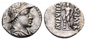 BAKTRIA, Greco-Baktrian Kingdom. Eukratides I, circa 170-145 BC. Hemiobol (Silver, 10 mm, 0.41 g, 12 h), later 160s. Diademed and draped bust of Eukra...