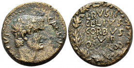 MACEDON. Uncertain mint. Tiberius, 14-37. (Bronze, 23 mm, 12.61 g, 12 h), Pella or Dium, struck under the duovir quinquennalis L. Rusticelius Cordus. ...