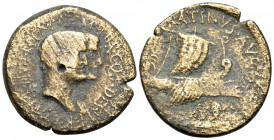 ACHAEA. Uncertain mint. Mark Antony and Octavia, 40-35 BC. As (Bronze, 24 mm, 8.82 g, 7 h), "Fleet Coinage", struck under the magistrate L. Sempronius...