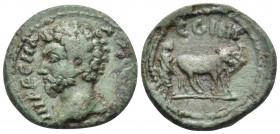 MYSIA. Parium. Marcus Aurelius, 161-180. Hemiassarion (Bronze, 15.5 mm, 2.43 g, 1 h). IMPE C MA A ANTONI Bare head of Marcus Aurelius to left. Rev. C ...
