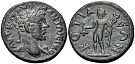 PHRYGIA. Cotiaeum. Caracalla, 198-217. Hemiassarion (Bronze, 19 mm, 3.49 g, 7 h). AYT• K• M• AYP-H• ANTΩNEINOC. Rev. KOTIAEΩN Hermes, nude but for clo...